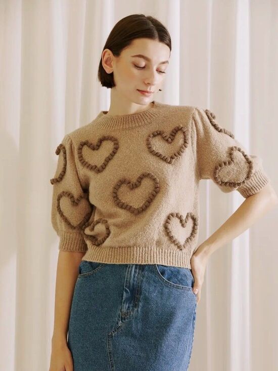 Storia Sweaters - Storia Anthropologie Beige Wool Blend Short Sleeve Sweater Hearts Women Size M
